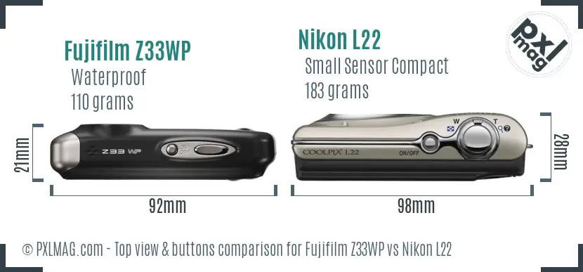 Fujifilm Z33WP vs Nikon L22 top view buttons comparison