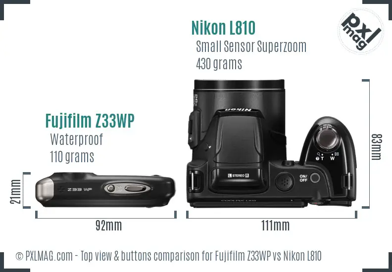 Fujifilm Z33WP vs Nikon L810 top view buttons comparison