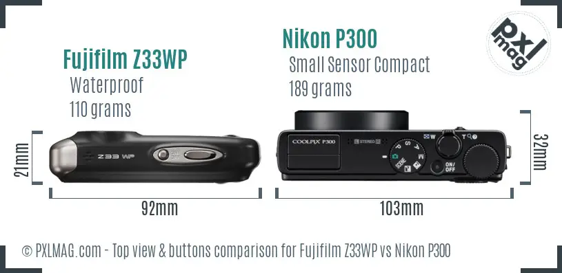 Fujifilm Z33WP vs Nikon P300 top view buttons comparison