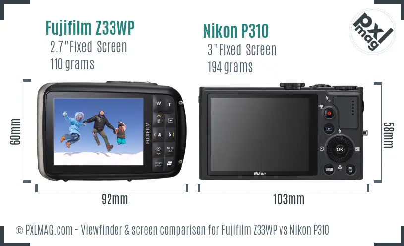 Fujifilm Z33WP vs Nikon P310 Screen and Viewfinder comparison