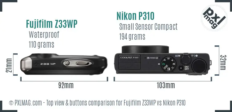 Fujifilm Z33WP vs Nikon P310 top view buttons comparison