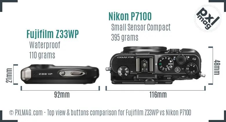 Fujifilm Z33WP vs Nikon P7100 top view buttons comparison