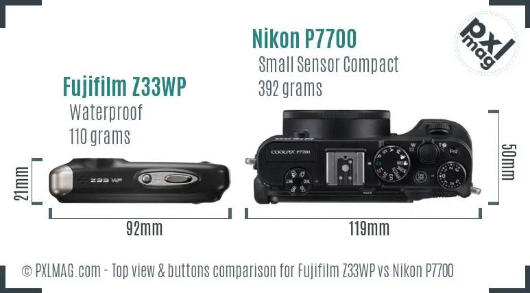 Fujifilm Z33WP vs Nikon P7700 top view buttons comparison