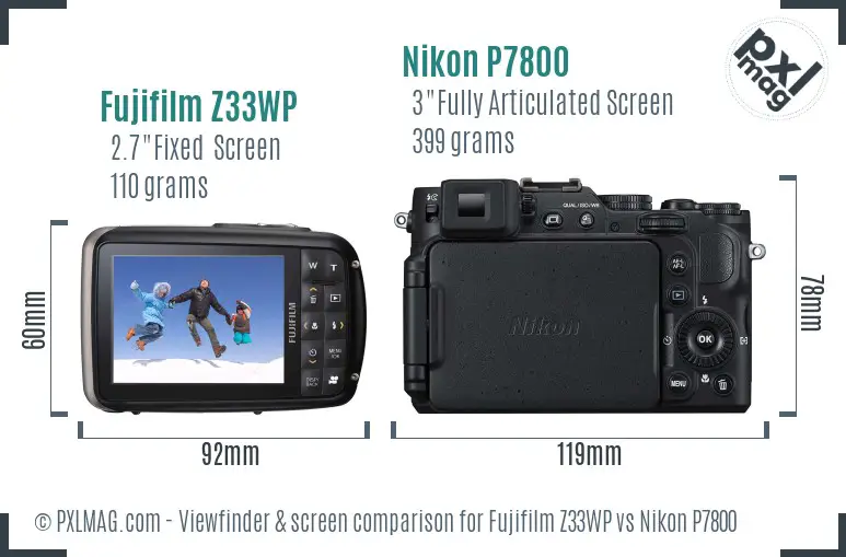 Fujifilm Z33WP vs Nikon P7800 Screen and Viewfinder comparison