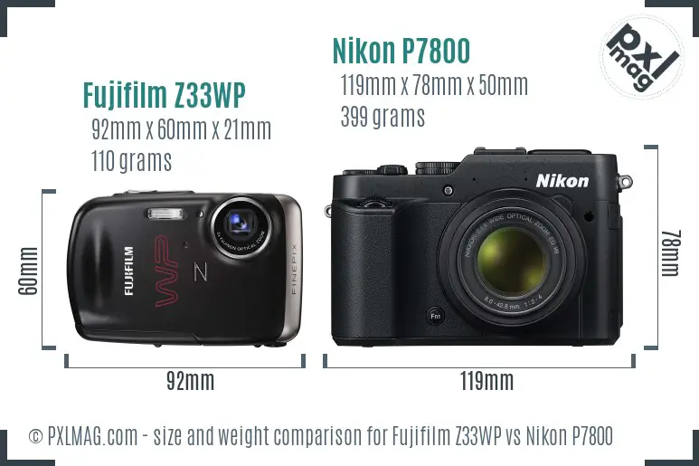 Fujifilm Z33WP vs Nikon P7800 size comparison