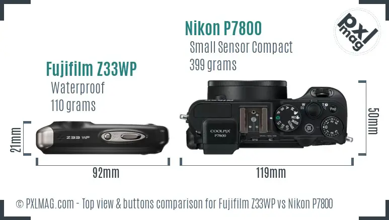 Fujifilm Z33WP vs Nikon P7800 top view buttons comparison