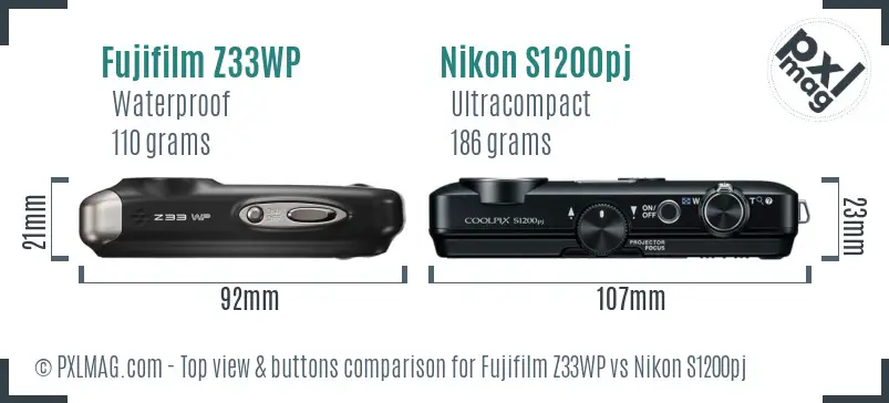 Fujifilm Z33WP vs Nikon S1200pj top view buttons comparison