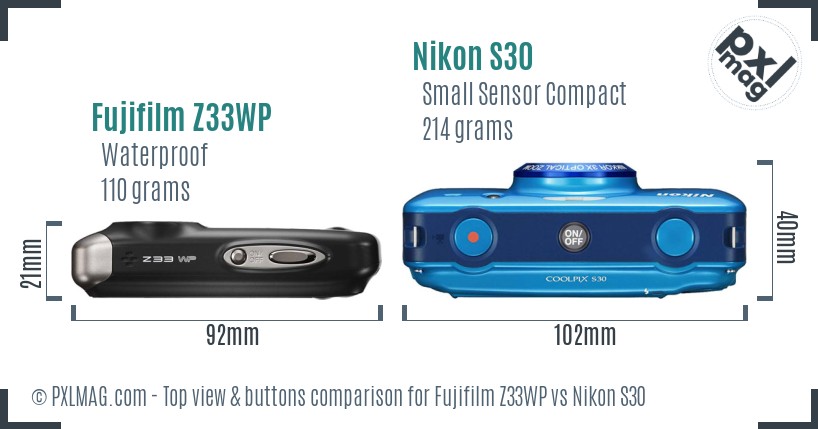 Fujifilm Z33WP vs Nikon S30 top view buttons comparison