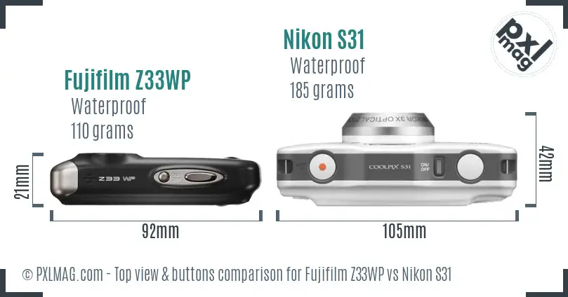 Fujifilm Z33WP vs Nikon S31 top view buttons comparison