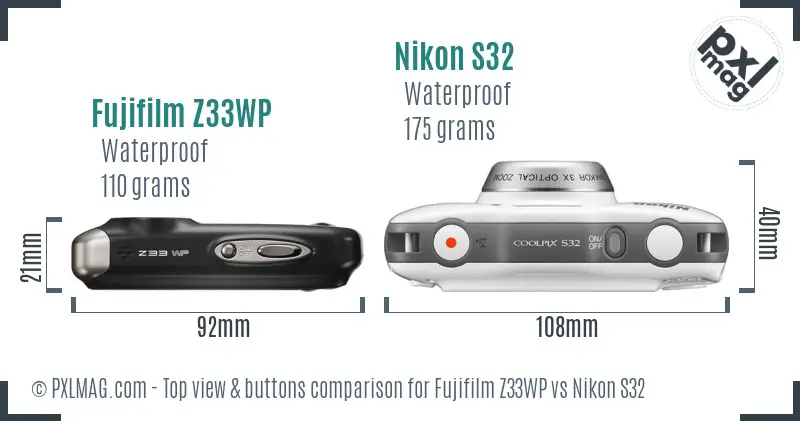Fujifilm Z33WP vs Nikon S32 top view buttons comparison