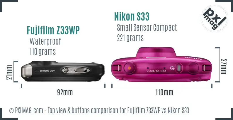 Fujifilm Z33WP vs Nikon S33 top view buttons comparison Fujifilm Z33WP vs Nikon S33 top view buttons comparison