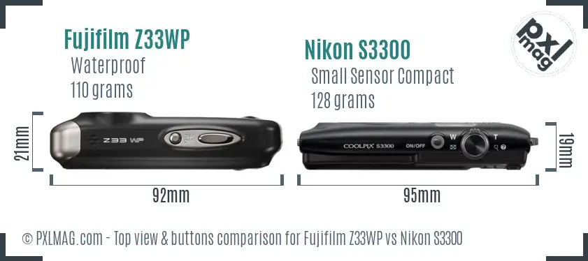Fujifilm Z33WP vs Nikon S3300 top view buttons comparison