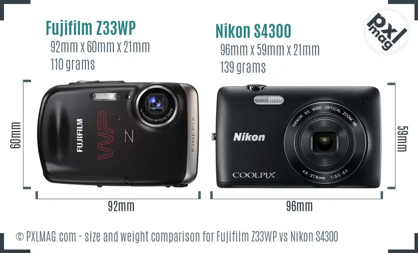 Fujifilm Z33WP vs Nikon S4300 size comparison