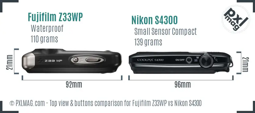 Fujifilm Z33WP vs Nikon S4300 top view buttons comparison