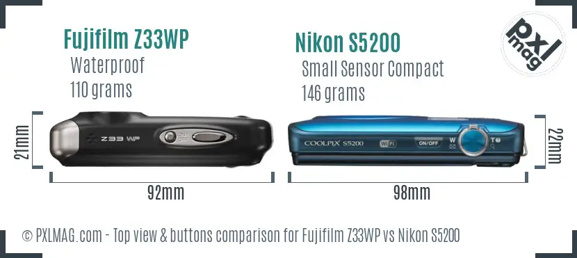 Fujifilm Z33WP vs Nikon S5200 top view buttons comparison Fujifilm Z33WP vs Nikon S5200 top view buttons comparison