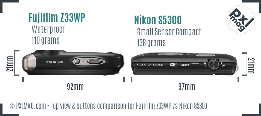 Fujifilm Z33WP vs Nikon S5300 top view buttons comparison
