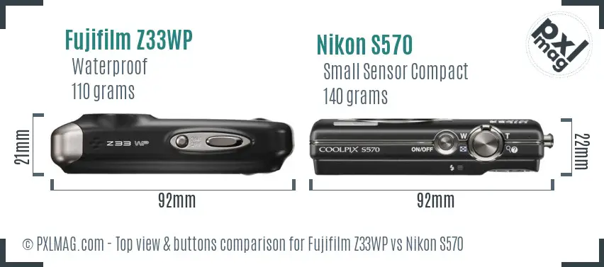 Fujifilm Z33WP vs Nikon S570 top view buttons comparison