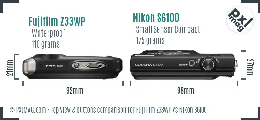 Fujifilm Z33WP vs Nikon S6100 top view buttons comparison