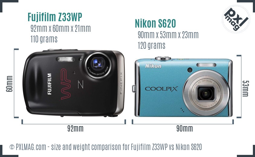Fujifilm Z33WP vs Nikon S620 size comparison Fujifilm Z33WP vs Nikon S620 size comparison