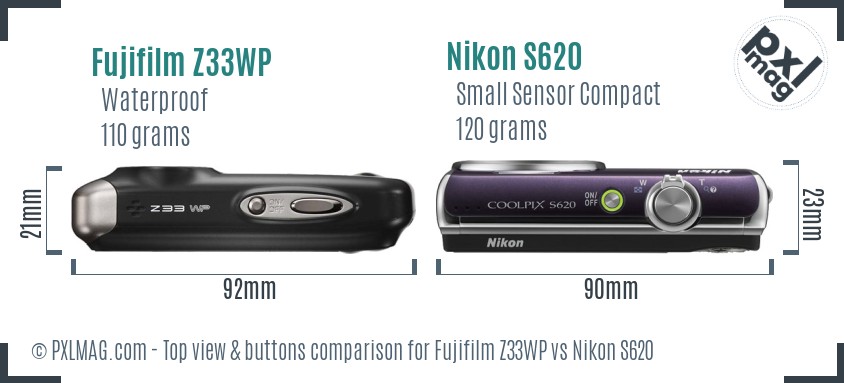Fujifilm Z33WP vs Nikon S620 top view buttons comparison
