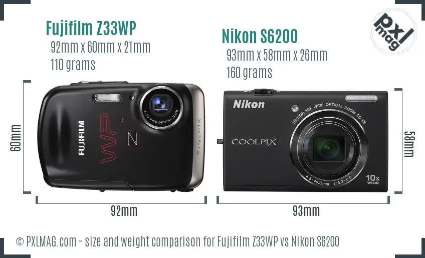 Fujifilm Z33WP vs Nikon S6200 size comparison