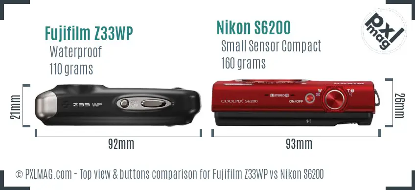 Fujifilm Z33WP vs Nikon S6200 top view buttons comparison