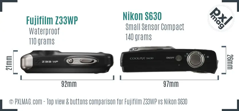Fujifilm Z33WP vs Nikon S630 top view buttons comparison Fujifilm Z33WP vs Nikon S630 top view buttons comparison