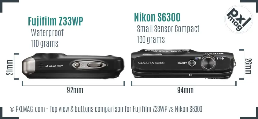 Fujifilm Z33WP vs Nikon S6300 top view buttons comparison