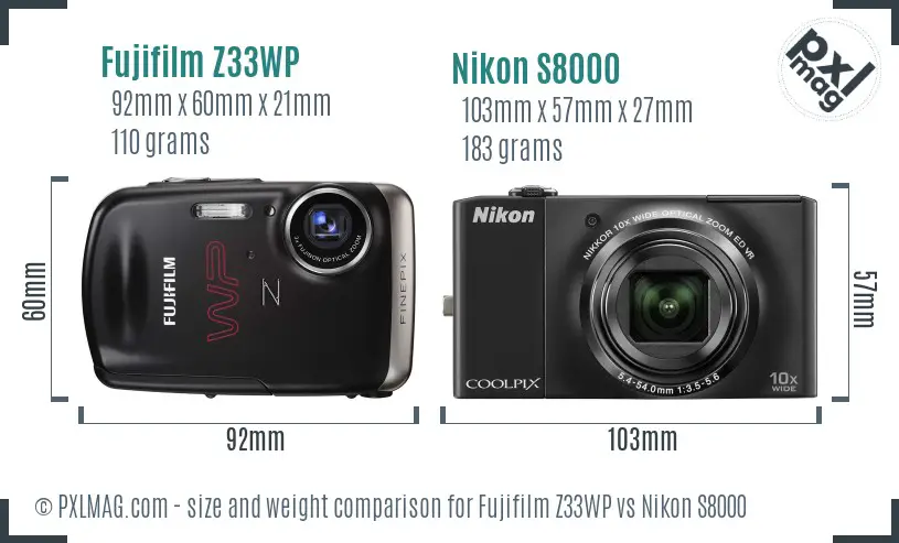 Fujifilm Z33WP vs Nikon S8000 size comparison