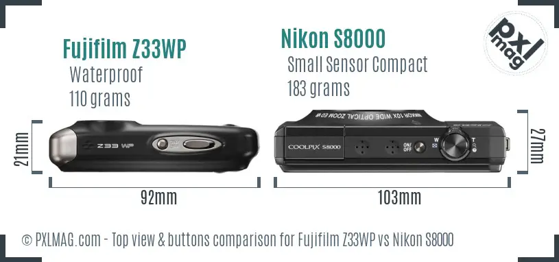 Fujifilm Z33WP vs Nikon S8000 top view buttons comparison