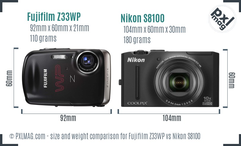 Fujifilm Z33WP vs Nikon S8100 size comparison