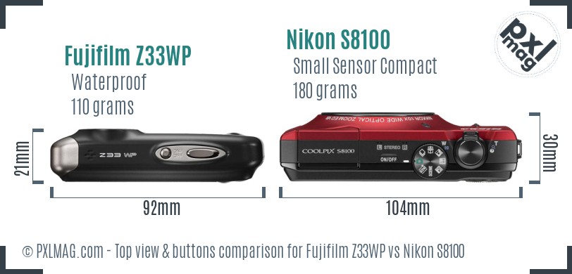 Fujifilm Z33WP vs Nikon S8100 top view buttons comparison