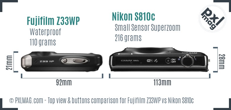 Fujifilm Z33WP vs Nikon S810c top view buttons comparison