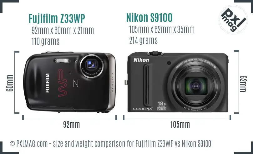 Fujifilm Z33WP vs Nikon S9100 size comparison
