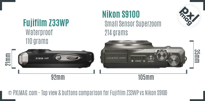 Fujifilm Z33WP vs Nikon S9100 top view buttons comparison