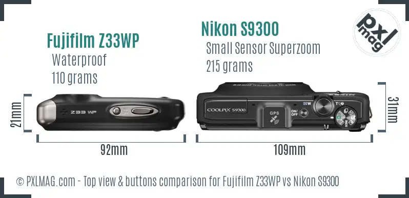 Fujifilm Z33WP vs Nikon S9300 top view buttons comparison