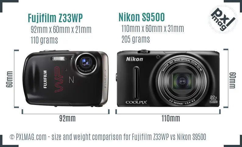 Fujifilm Z33WP vs Nikon S9500 size comparison