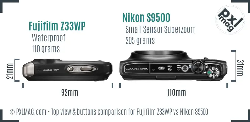 Fujifilm Z33WP vs Nikon S9500 top view buttons comparison