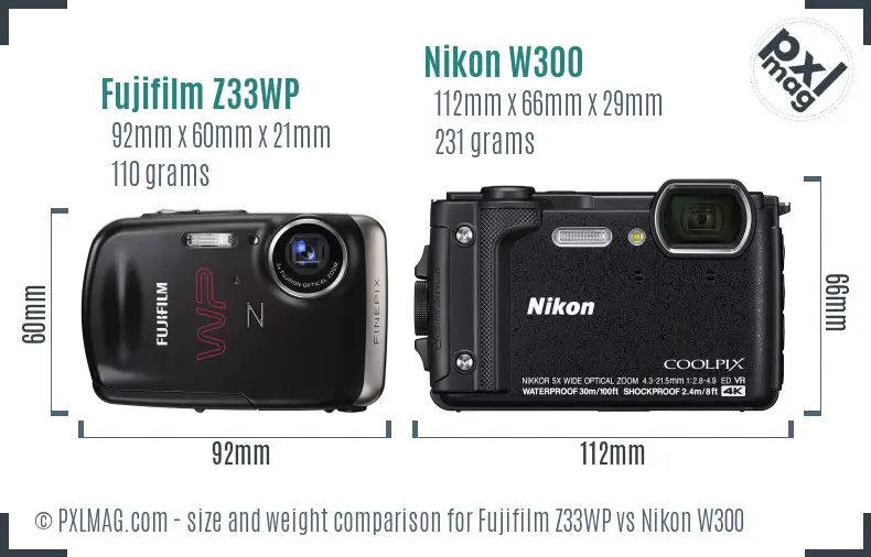 Fujifilm Z33WP vs Nikon W300 size comparison