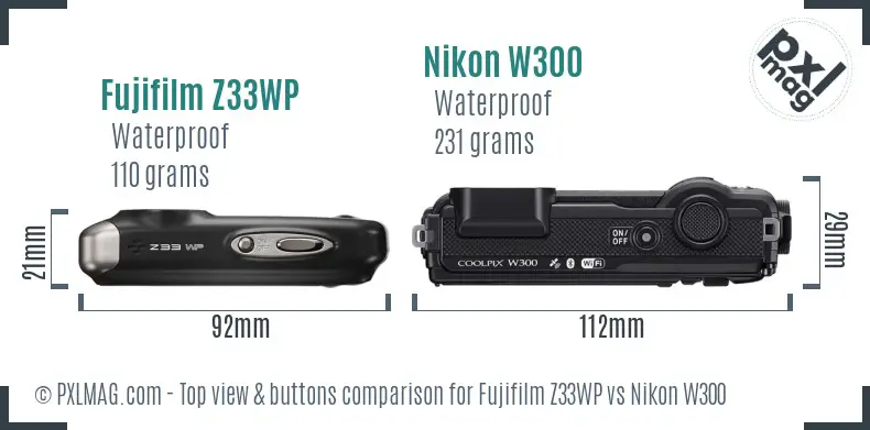 Fujifilm Z33WP vs Nikon W300 top view buttons comparison