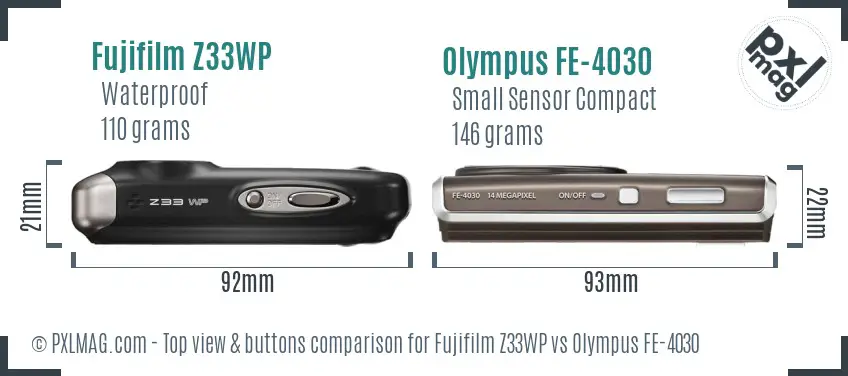 Fujifilm Z33WP vs Olympus FE-4030 top view buttons comparison