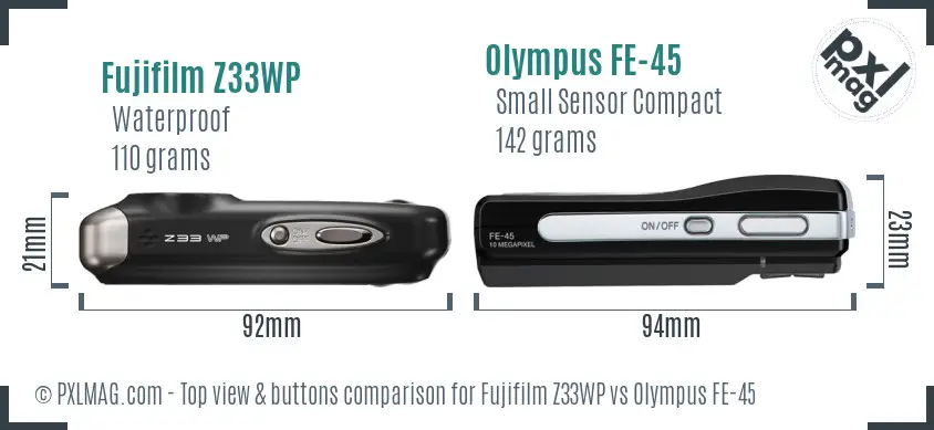 Fujifilm Z33WP vs Olympus FE-45 top view buttons comparison Fujifilm Z33WP vs Olympus FE-45 top view buttons comparison