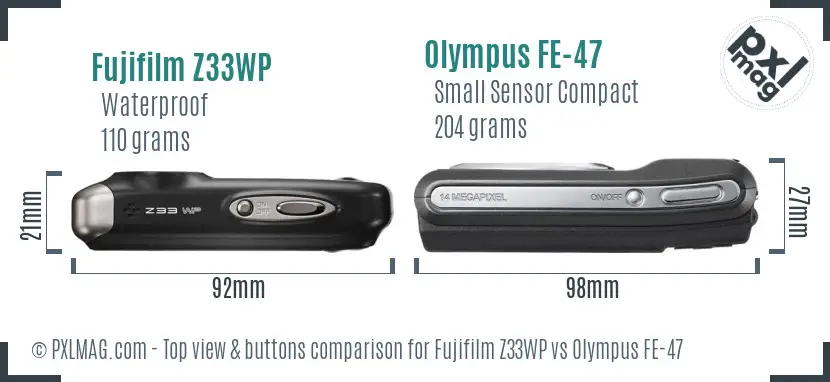 Fujifilm Z33WP vs Olympus FE-47 top view buttons comparison