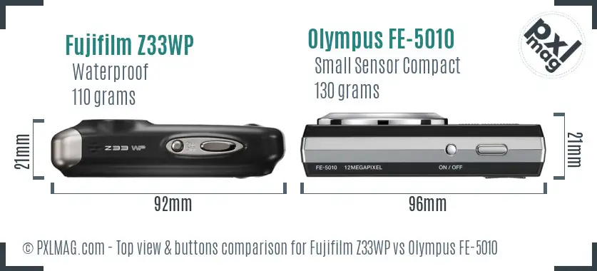 Fujifilm Z33WP vs Olympus FE-5010 top view buttons comparison Fujifilm Z33WP vs Olympus FE-5010 top view buttons comparison