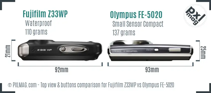 Fujifilm Z33WP vs Olympus FE-5020 top view buttons comparison