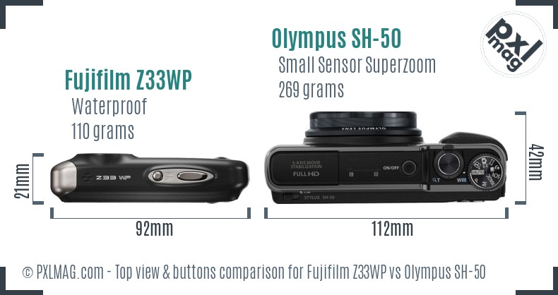 Fujifilm Z33WP vs Olympus SH-50 top view buttons comparison