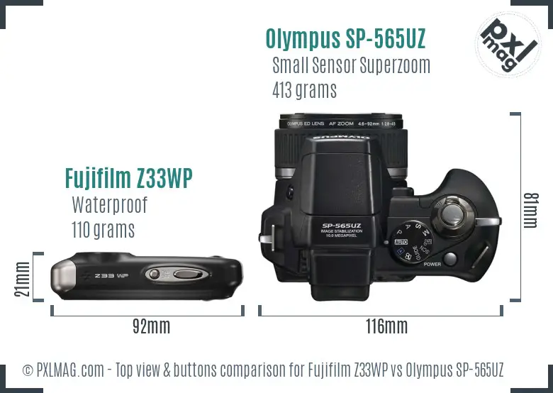 Fujifilm Z33WP vs Olympus SP-565UZ top view buttons comparison Fujifilm Z33WP vs Olympus SP-565UZ top view buttons comparison