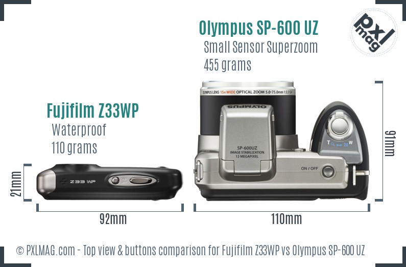 Fujifilm Z33WP vs Olympus SP-600 UZ top view buttons comparison