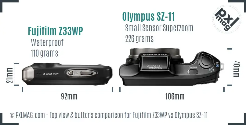 Fujifilm Z33WP vs Olympus SZ-11 top view buttons comparison Fujifilm Z33WP vs Olympus SZ-11 top view buttons comparison