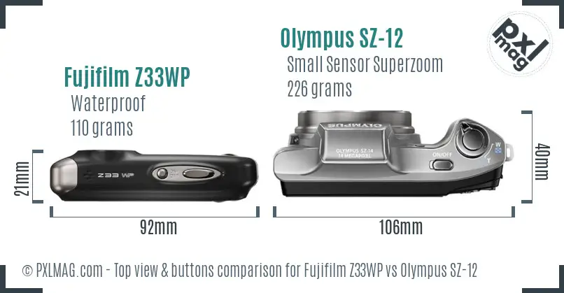 Fujifilm Z33WP vs Olympus SZ-12 top view buttons comparison